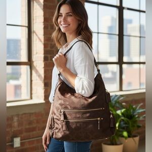 COACH Rare CAMBRIDGE XL Op Art hobo bag 14087 Chocolate Brown- Huge Hangtag